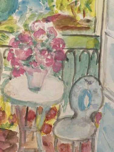 Dessin Aquarelle papier Fleurs bouquet Fleur Thé 1960 Ancien Drawing Balcon Art