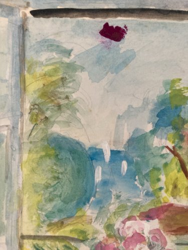 Dessin Aquarelle papier Fleurs bouquet Fleur Thé 1960 Ancien Drawing Balcon Art