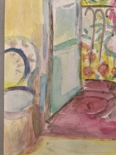 Dessin Aquarelle papier Fleurs bouquet Fleur Thé 1960 Ancien Drawing Balcon Art