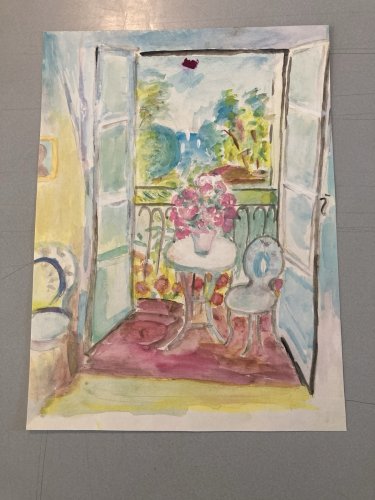 Dessin Aquarelle papier Fleurs bouquet Fleur Thé 1960 Ancien Drawing Balcon Art