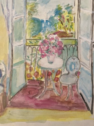 Dessin Aquarelle papier Fleurs bouquet Fleur Thé 1960 Ancien Drawing Balcon Art