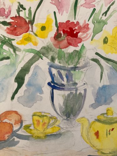 Dessin Aquarelle papier Fleurs bouquet Fleur Thé 1960 Ancien Drawing Table Art
