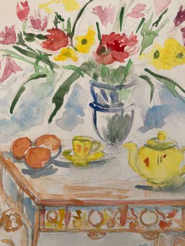 Dessin Aquarelle papier Fleurs bouquet Fleur Thé 1960 Ancien Drawing Table Art