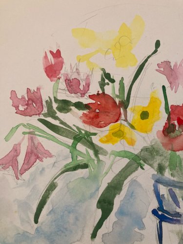 Dessin Aquarelle papier Fleurs bouquet Fleur Thé 1960 Ancien Drawing Table Art