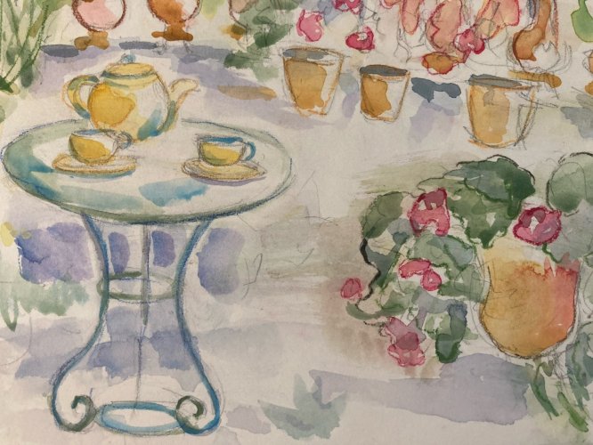 Dessin Aquarelle papier Fleurs bouquet Fleur Thé 1960 Ancien Drawing Terrasse