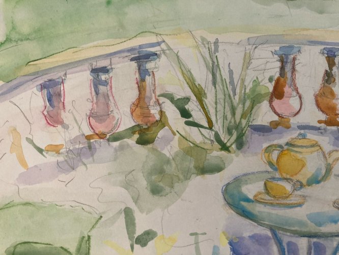 Dessin Aquarelle papier Fleurs bouquet Fleur Thé 1960 Ancien Drawing Terrasse