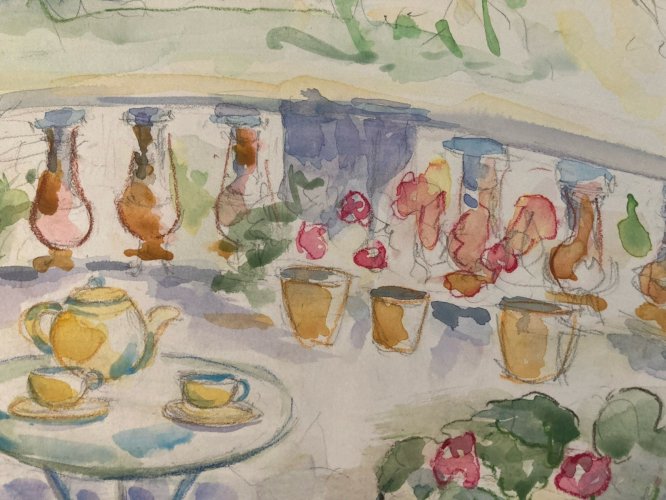 Dessin Aquarelle papier Fleurs bouquet Fleur Thé 1960 Ancien Drawing Terrasse