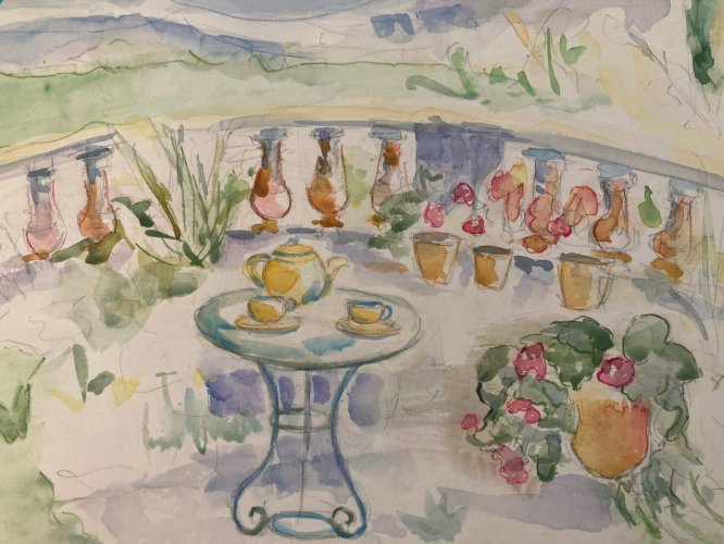 Dessin Aquarelle papier Fleurs bouquet Fleur Thé 1960 Ancien Drawing Terrasse