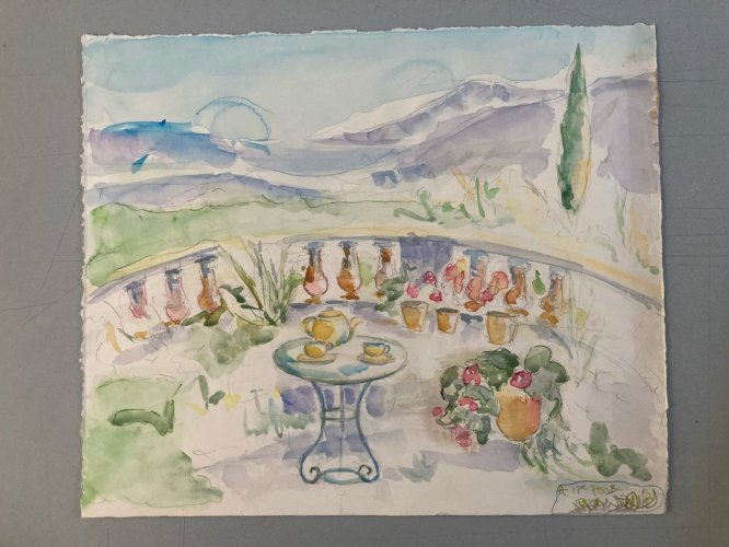 Dessin Aquarelle papier Fleurs bouquet Fleur Thé 1960 Ancien Drawing Terrasse
