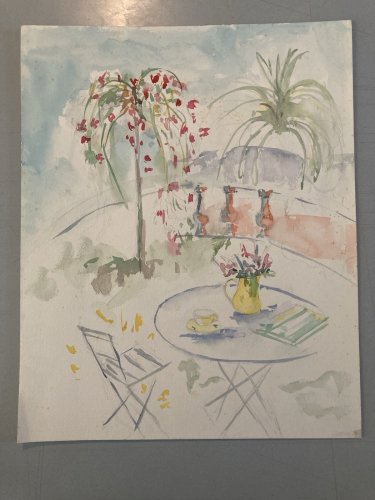 Dessin Aquarelle papier Fleurs bouquet Fleur Thé Art 1960 Ancien Drawing Balcon