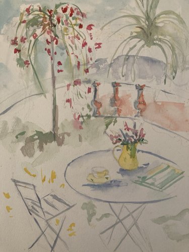 Dessin Aquarelle papier Fleurs bouquet Fleur Thé Art 1960 Ancien Drawing Balcon