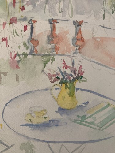 Dessin Aquarelle papier Fleurs bouquet Fleur Thé Art 1960 Ancien Drawing Balcon