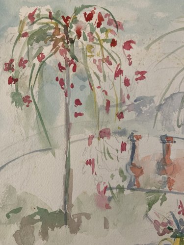 Dessin Aquarelle papier Fleurs bouquet Fleur Thé Art 1960 Ancien Drawing Balcon