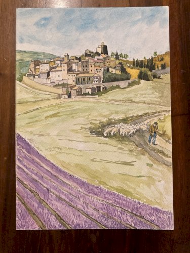 Dessin Aquarelle Paysage Peinture  1980 Lavande Provence Berger Mouton