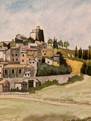 Dessin Aquarelle Paysage Peinture  1980 Lavande Provence Berger Mouton