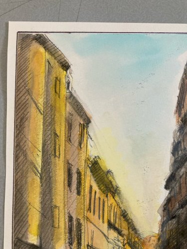 Dessin Aquarelle Paysage Peinture A Identifier Rue  Ville Paris ? 1970 Art