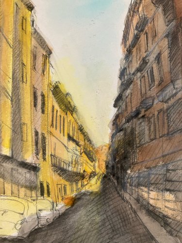 Dessin Aquarelle Paysage Peinture A Identifier Rue  Ville Paris ? 1970 Art