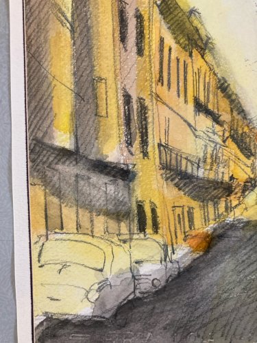Dessin Aquarelle Paysage Peinture A Identifier Rue  Ville Paris ? 1970 Art