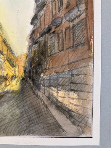 Dessin Aquarelle Paysage Peinture A Identifier Rue  Ville Paris ? 1970 Art