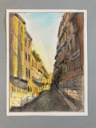 Dessin Aquarelle Paysage Peinture A Identifier Rue  Ville Paris ? 1970 Art