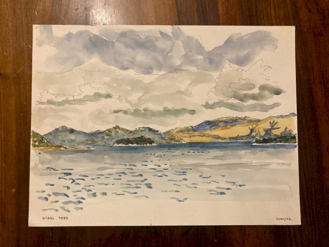 Dessin Aquarelle Paysage Peinture Leucade Grèce Village 1983 Nidri Art