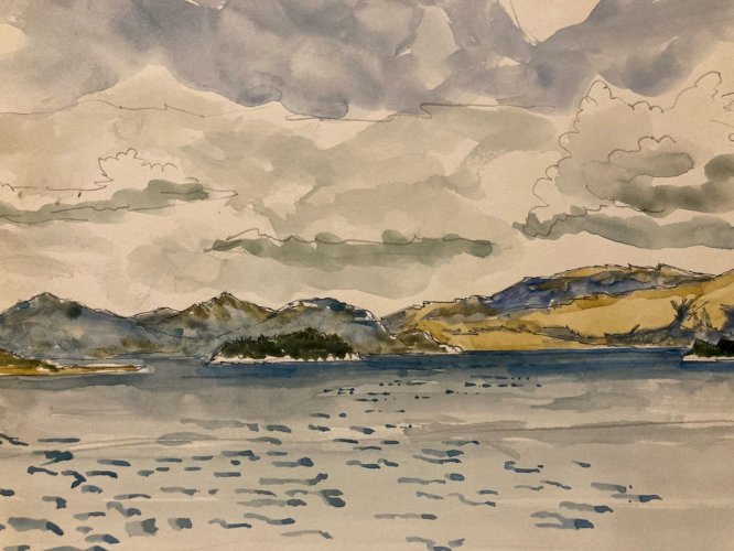 Dessin Aquarelle Paysage Peinture Leucade Grèce Village 1983 Nidri Art