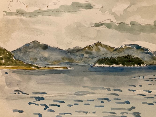 Dessin Aquarelle Paysage Peinture Leucade Grèce Village 1983 Nidri Art