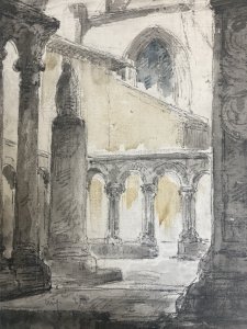 Watercolor Drawing Painting to Identify Church Cathedral Cloister Art 1930