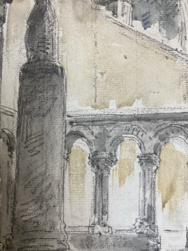 Dessin Aquarelle Peinture A Identifier Eglise Cathédrale Cloitre Art 1930