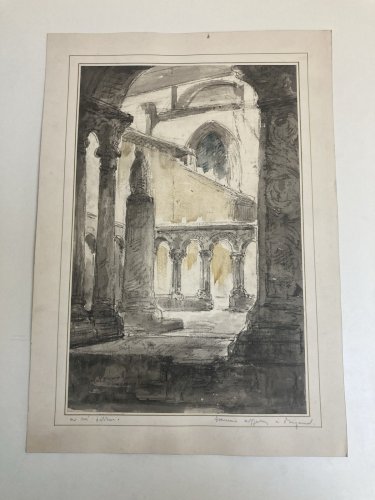 Dessin Aquarelle Peinture A Identifier Eglise Cathédrale Cloitre Art 1930