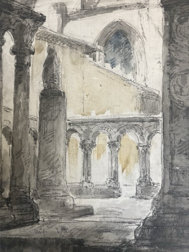 Dessin Aquarelle Peinture A Identifier Eglise Cathédrale Cloitre Art 1930