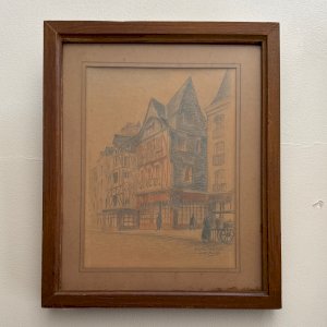 Dessin aquarelle sur papier Nantes 1943 scène de rue par Robert Orceau A5899