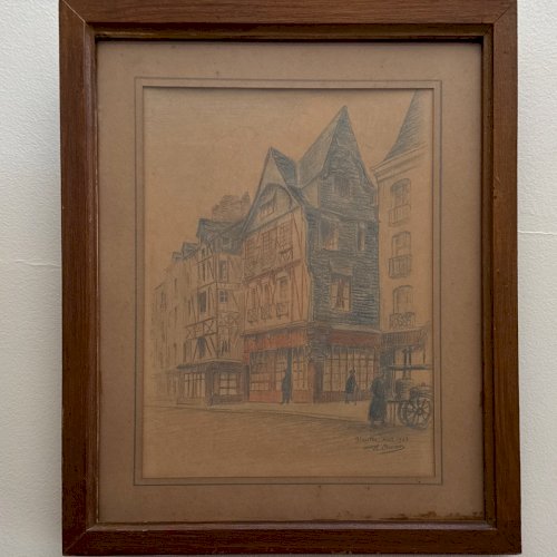 Dessin aquarelle sur papier Nantes 1943 scène de rue par Robert Orceau A5899