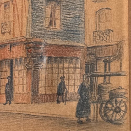 Dessin aquarelle sur papier Nantes 1943 scène de rue par Robert Orceau A5899