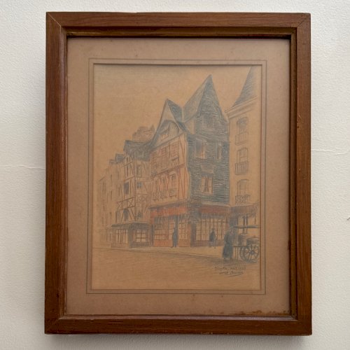 Dessin aquarelle sur papier Nantes 1943 scène de rue par Robert Orceau A5899