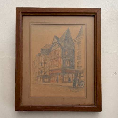 Dessin aquarelle sur papier Nantes 1943 scène de rue par Robert Orceau A5899