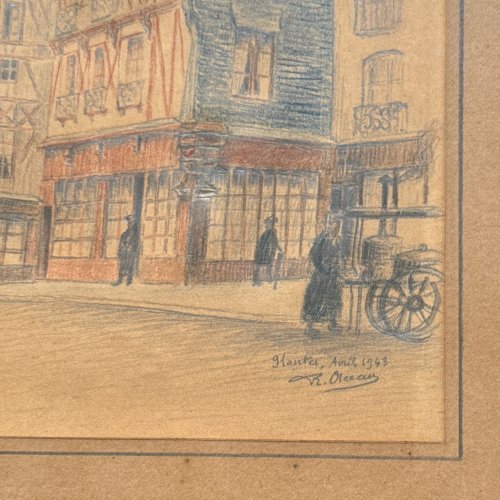 Dessin aquarelle sur papier Nantes 1943 scène de rue par Robert Orceau A5899