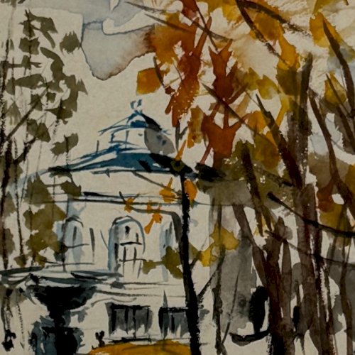 Dessin aquarelle sur papier par Salvat monument derrière des arbres XXe A5848