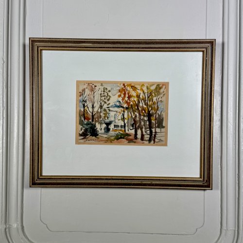 Dessin aquarelle sur papier par Salvat monument derrière des arbres XXe A5848
