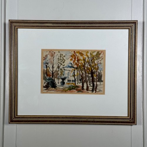 Dessin aquarelle sur papier par Salvat monument derrière des arbres XXe A5848