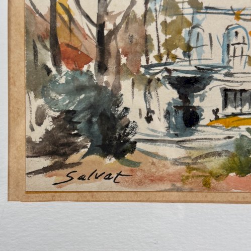 Dessin aquarelle sur papier par Salvat monument derrière des arbres XXe A5848
