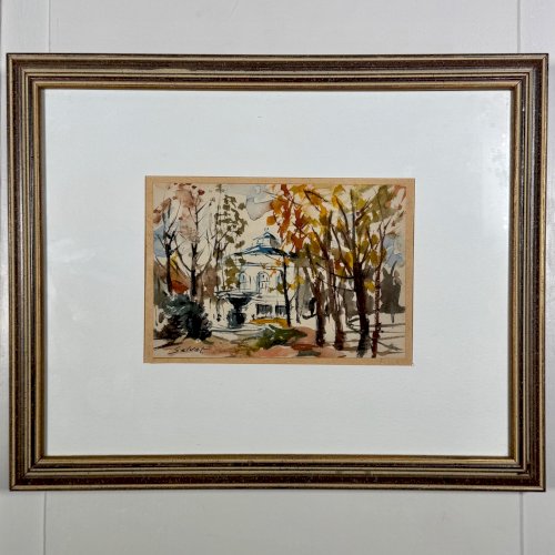 Dessin aquarelle sur papier par Salvat monument derrière des arbres XXe A5848