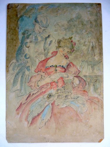 Dessin aquarellé XIX° COLOMBINE par Alfred Grevin D - 33 x 23 cm