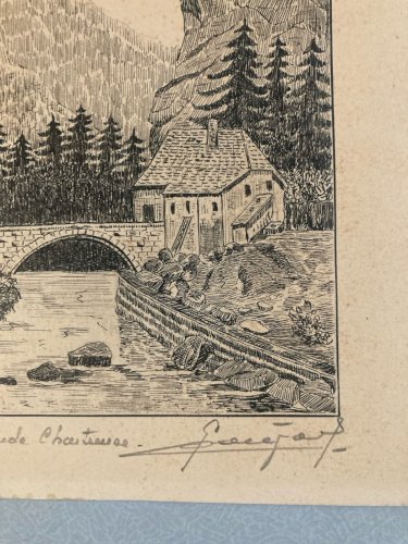 Dessin Art Brut Naïf Encre 1950 Papier Entrée Du Désert De La Grande Chartreuse