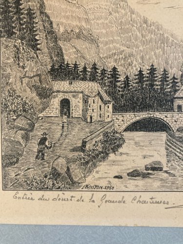 Dessin Art Brut Naïf Encre 1950 Papier Entrée Du Désert De La Grande Chartreuse