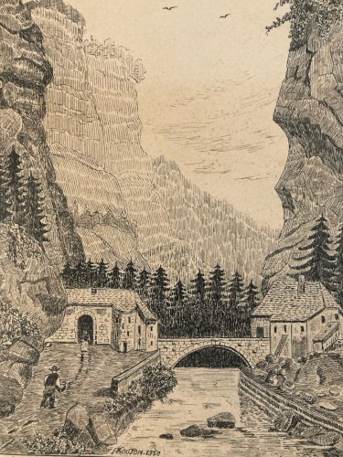 Dessin Art Brut Naïf Encre 1950 Papier Entrée Du Désert De La Grande Chartreuse