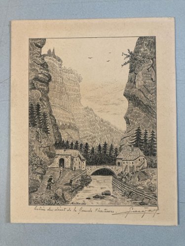 Dessin Art Brut Naïf Encre 1950 Papier Entrée Du Désert De La Grande Chartreuse