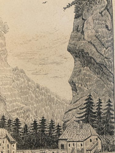 Dessin Art Brut Naïf Encre 1950 Papier Entrée Du Désert De La Grande Chartreuse