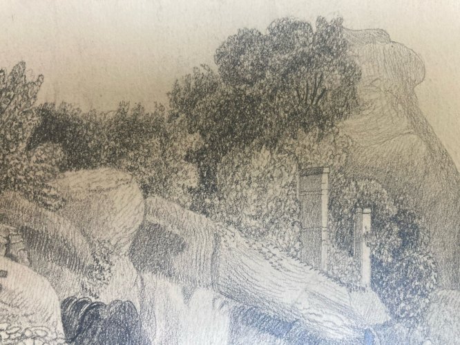 Dessin Art Crayon Papier XIXe Arbre Village A Identifier Ancien Maison