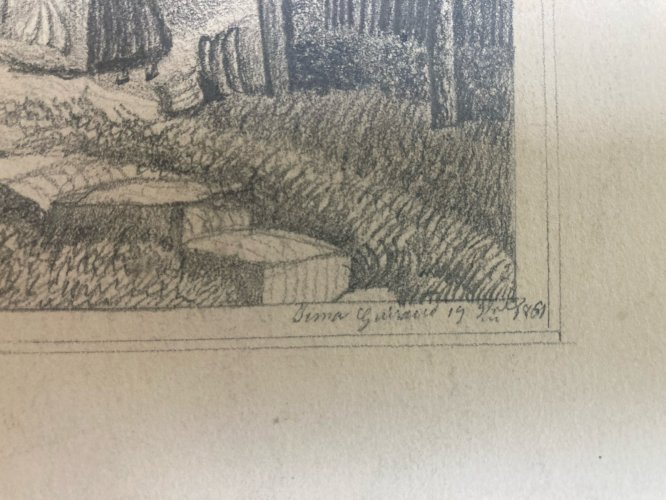 Dessin Art Crayon Papier XIXe Arbre Village A Identifier Ancien Maison